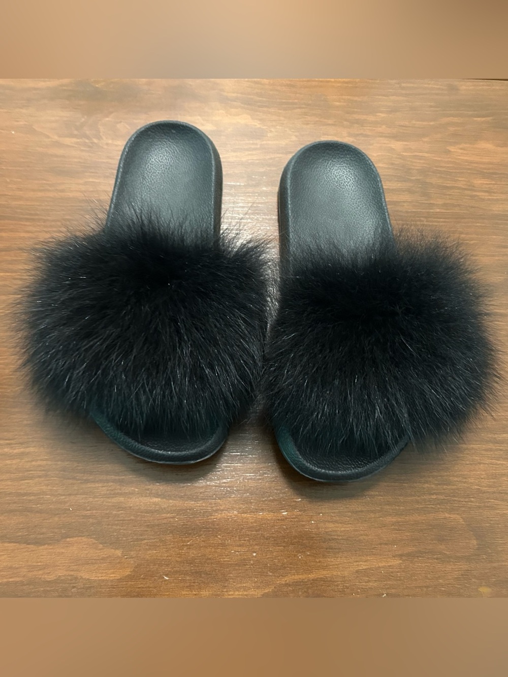 Black Fox Fur Slide Summer Slippers - Women's Fashion Slides